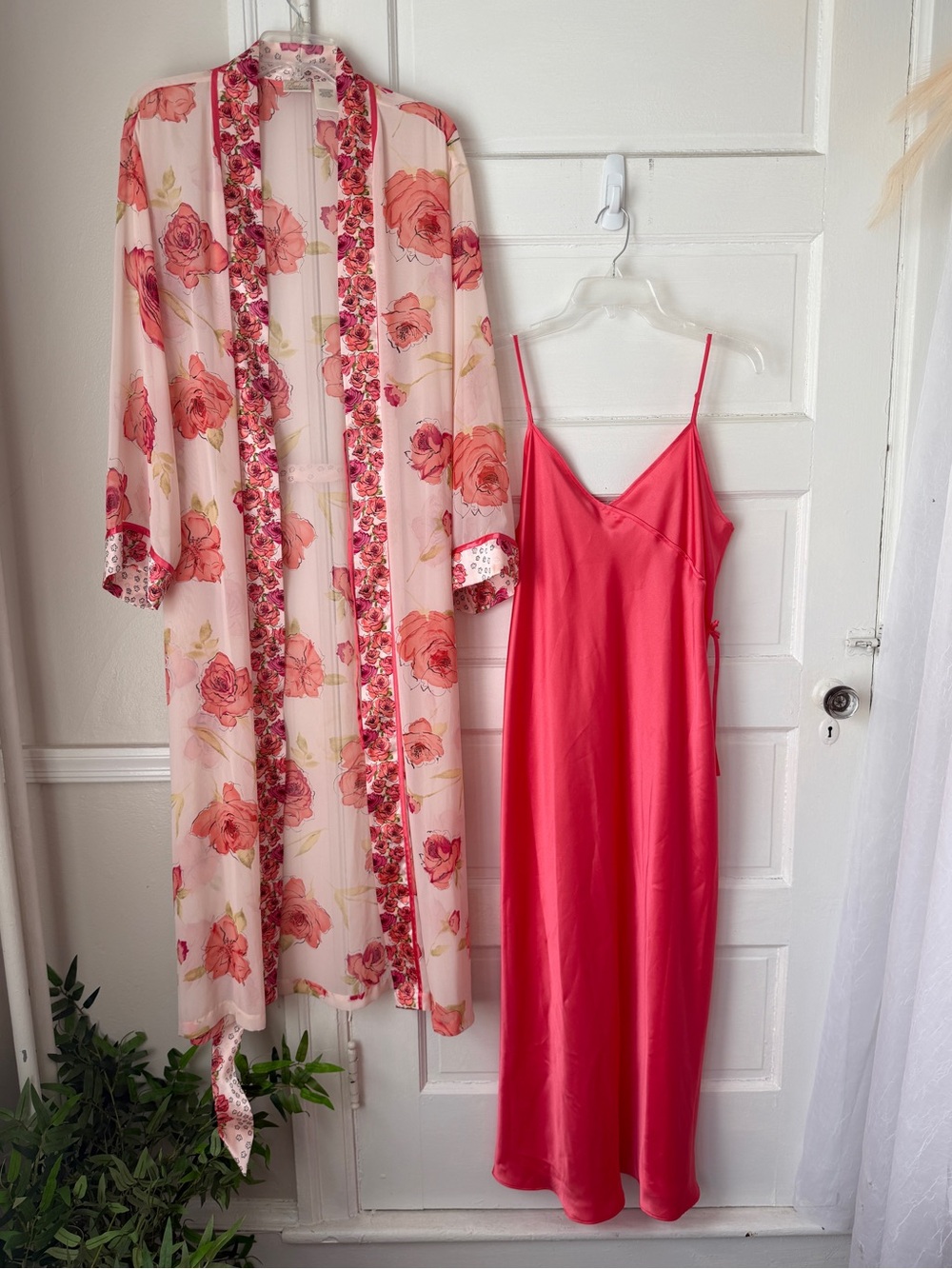 Sophia by Delicates Floral Pink 2pc Long Chiffon Kimono Robe & Satin Nightgown